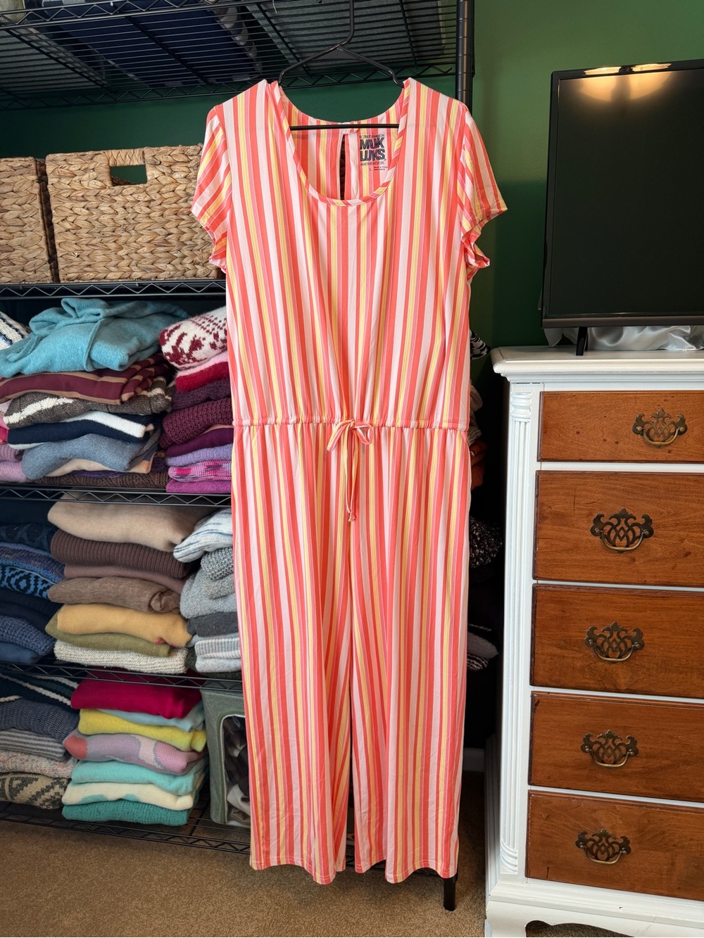 Muk Luks Coral, Pink & Yellow Striped Jumpsuit